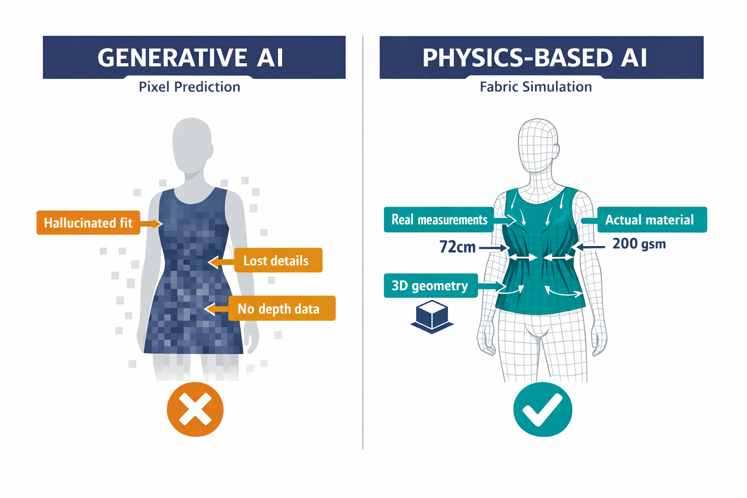 A side-by-side comparison diagram showing how generative AI (pixel prediction) vs. physics-based AI (fabric simulation) process the same fitting scenario, highlighting the fundamental difference in what each system actually computes.