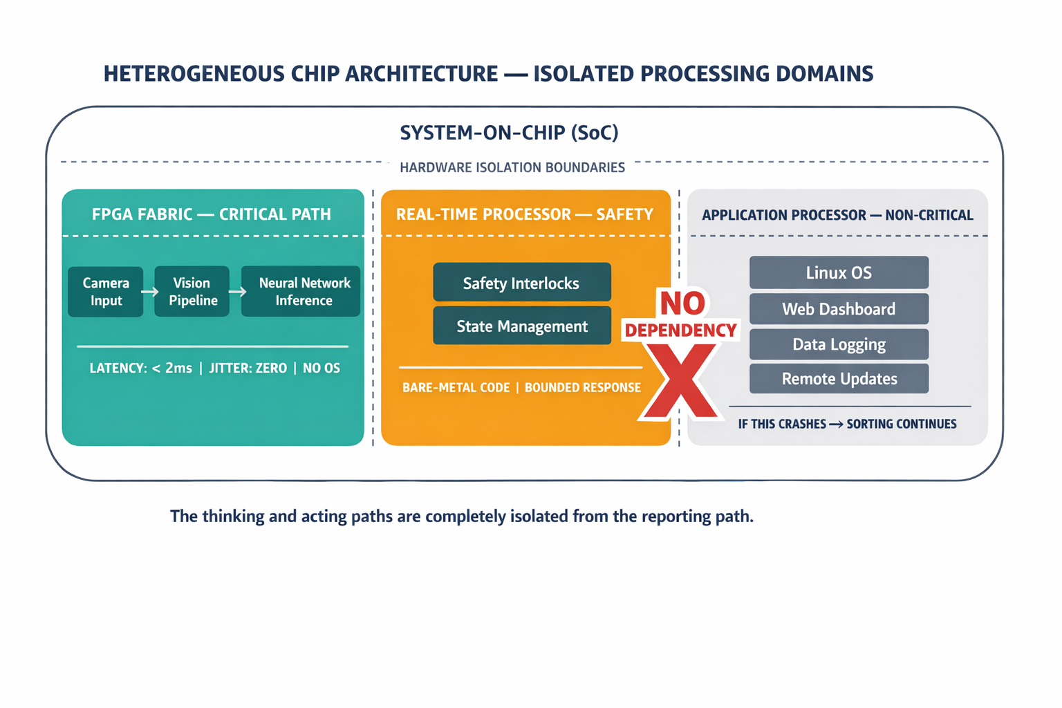 An architecture diagram showing the heterogeneous chip design with three isolated domains — FPGA fabric, real-time processor, and Linux application processor — and their distinct responsibilities.