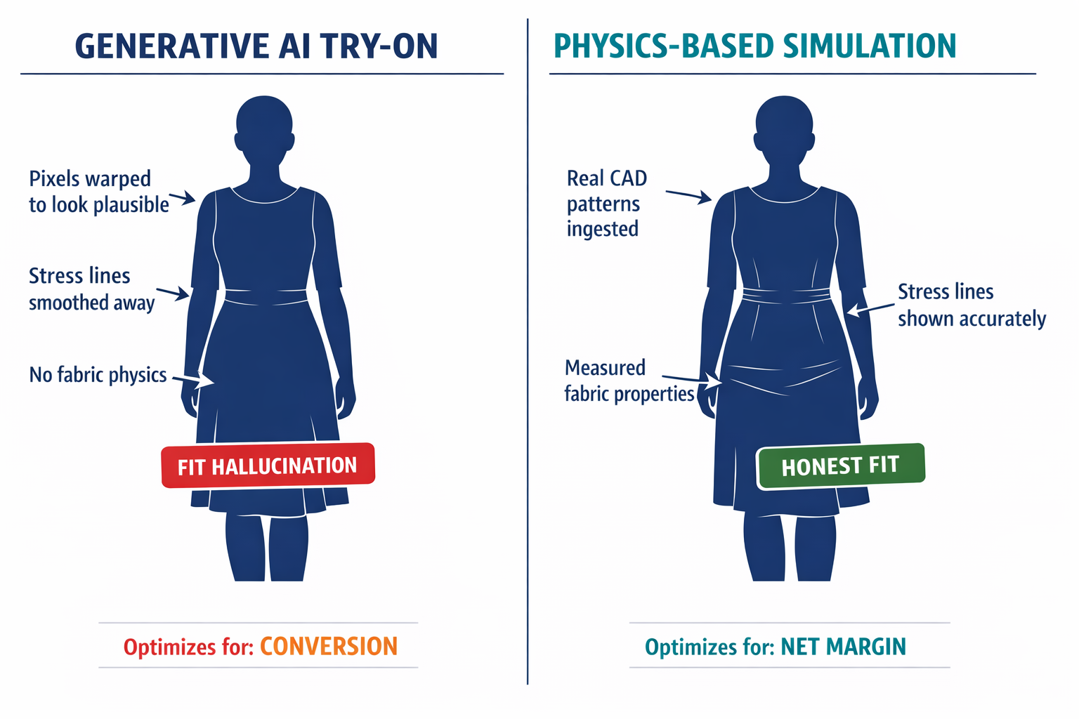 Side-by-side comparison diagram showing how generative AI try-on (pixel warping) differs from physics-based simulation (cloth mechanics), with labeled failure points and outputs.