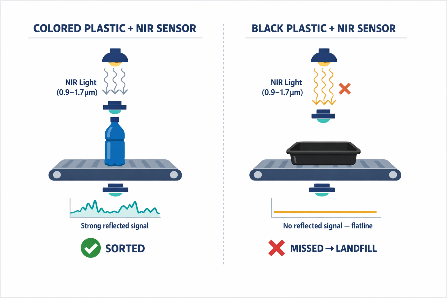 A comparison diagram showing how NIR sensors see regular colored plastic (reflected spectral signal) versus black plastic (flatline/no signal due to carbon black absorption).