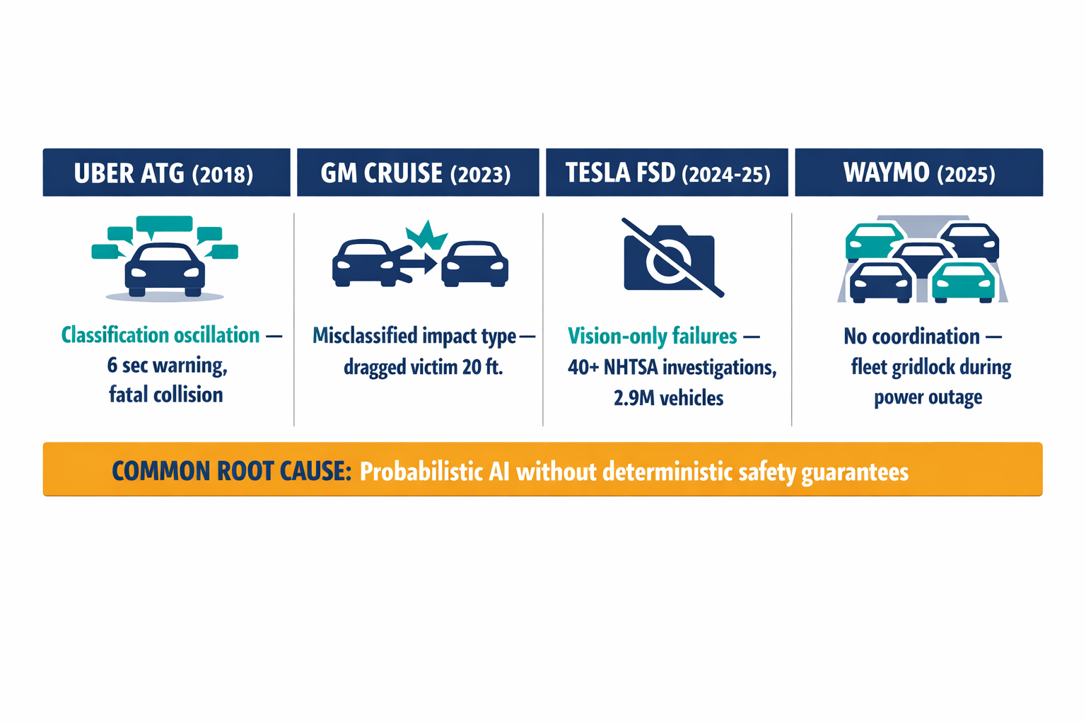 A timeline/comparison infographic showing the four major AV failures side by side with key failure details, making the pattern across companies visually obvious.