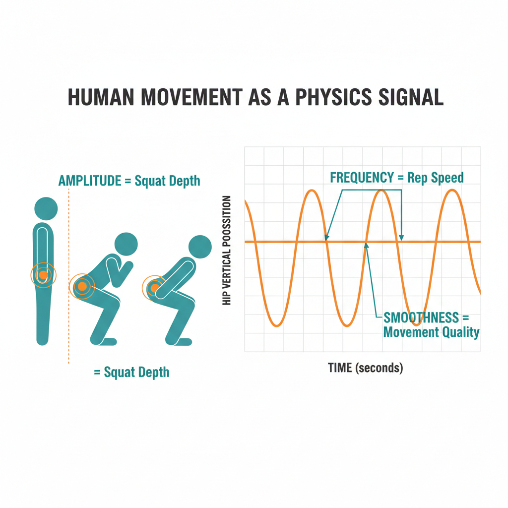 Diagram showing how human movement becomes a measurable waveform — a stick figure performing squats on the left, with the hip joint highlighted, and the vertical displacement of that joint plotted as a clean sinusoidal wave on the right, with labeled axes and annotated features (amplitude = squat depth, frequency = rep speed, smoothness = jerk).