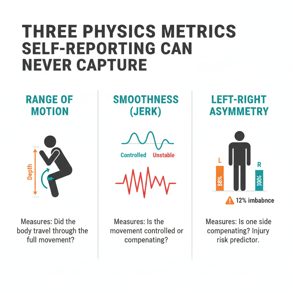 Infographic showing the three physics-based quality metrics — Range of Motion, Smoothness (Jerk), and Asymmetry — each with a small annotated visual and a one-line explanation of what it catches that self-reporting cannot.