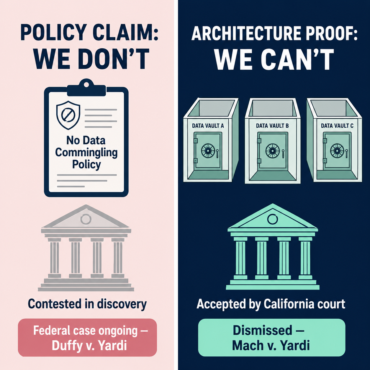 Comparison showing policy claim we don't commingle data versus architecture proof we cannot commingle data, with court outcome labels