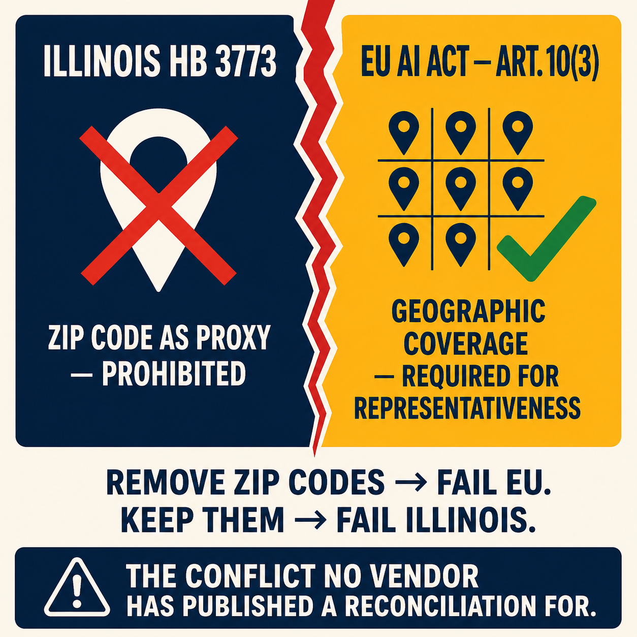 Head-to-head comparison: Illinois HB 3773 prohibits zip-code proxies while EU AI Act Art. 10(3) requires geographic representativeness — direct conflict