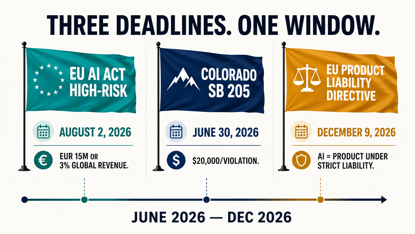 Three-column infographic showing EU AI Act (Aug 2026), Colorado SB 205 (Jun 2026), and EU Product Liability Directive (Dec 2026) deadlines converging in one window