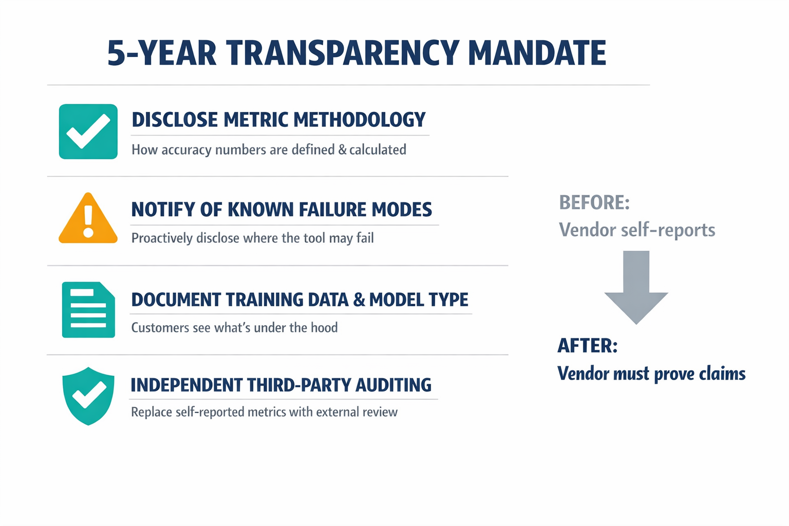 A clear diagram showing the four specific transparency obligations imposed by the Texas settlement on AI vendors.