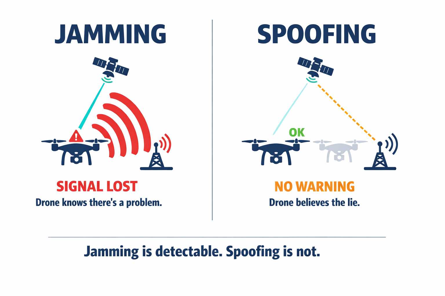 A side-by-side comparison diagram showing how GPS jamming vs. GPS spoofing affect a drone differently, with labeled signal flows.