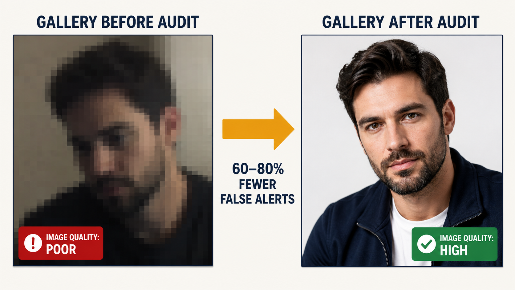 Before/after showing low-quality CCTV gallery image versus controlled headshot, with 60-80% false alert reduction label