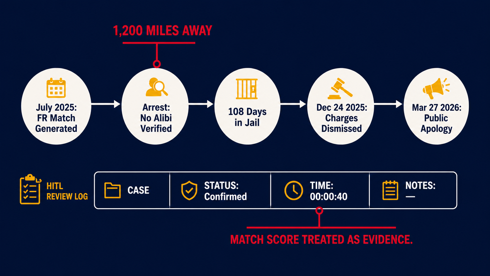 Timeline of Angela Lipps wrongful arrest annotated with HITL review failure showing match score treated as evidence with no documented reasoning