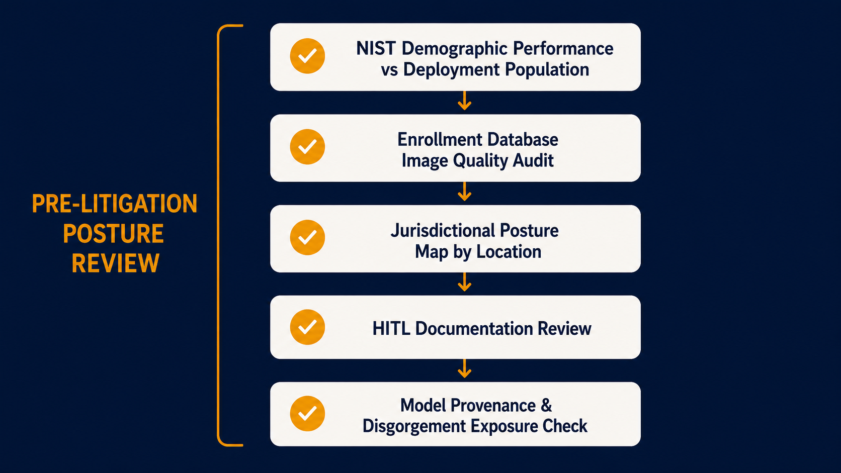 Pre-litigation audit framework diagram showing five components from NIST demographic review to model disgorgement exposure check