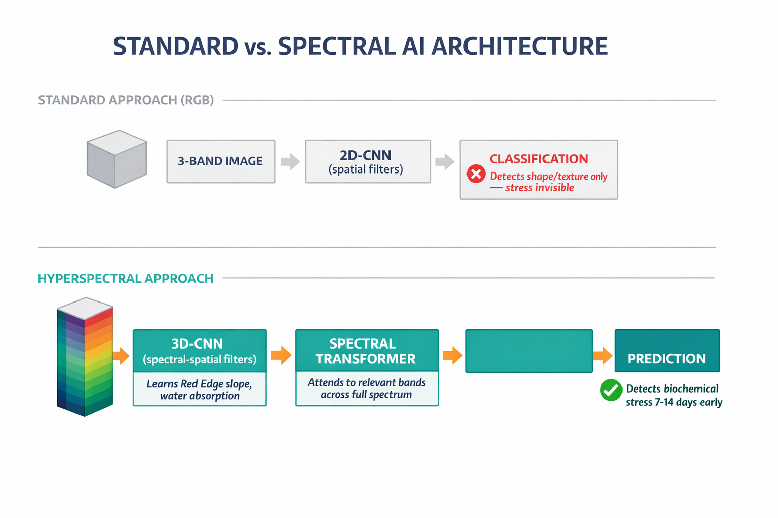 An architecture diagram showing how the hybrid 3D-CNN + Spectral-Spatial Transformer pipeline processes hyperspectral data, contrasted with how a standard 2D-CNN crushes the spectral dimension.