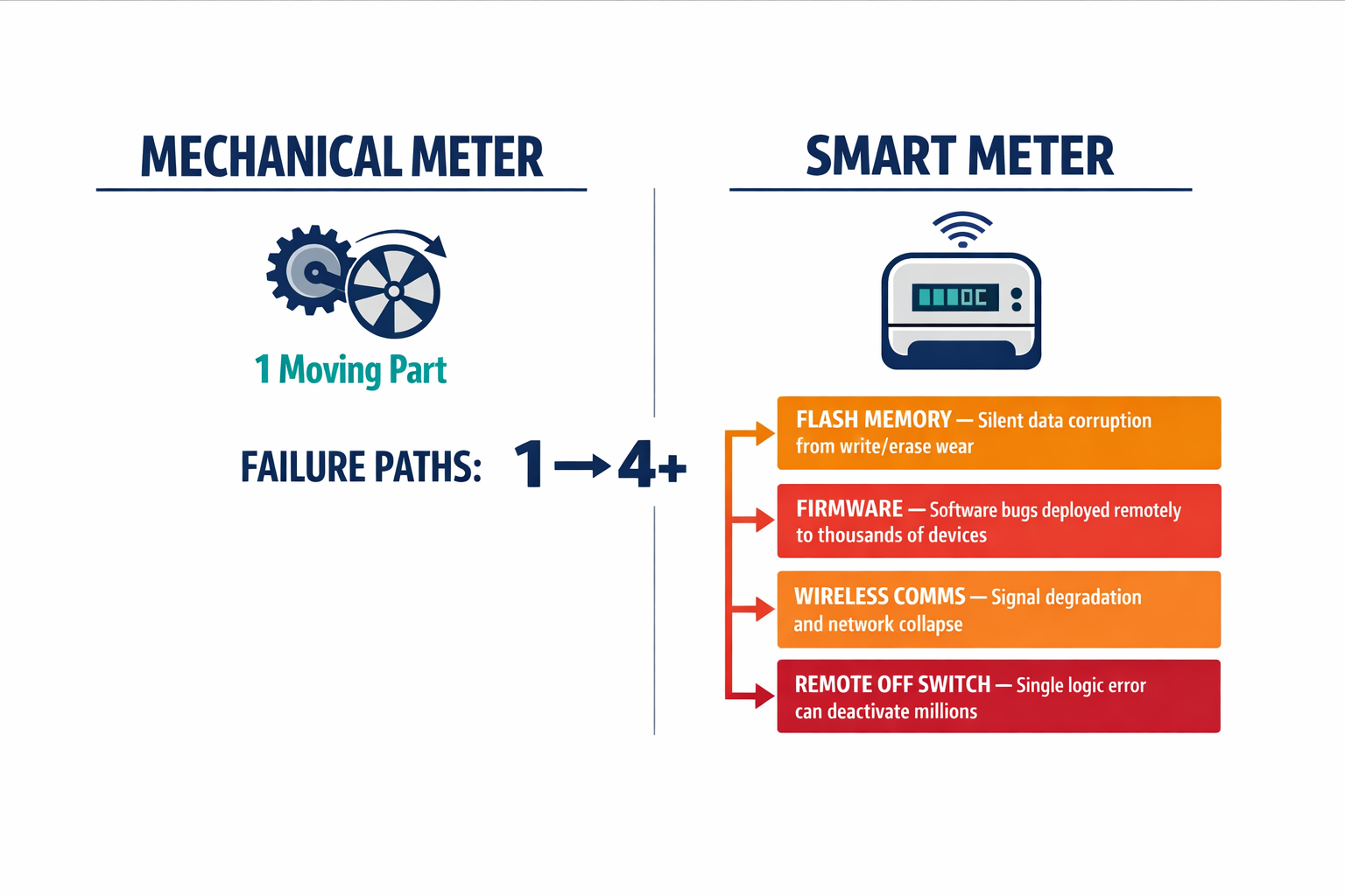 A labeled diagram showing the four distinct failure paths in smart meters that don't exist in traditional mechanical meters.