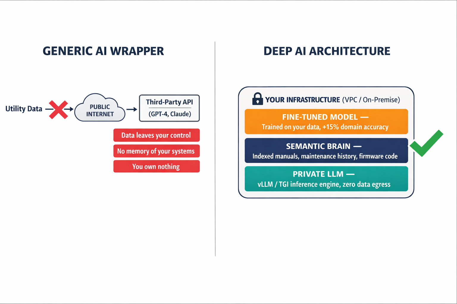 An architecture diagram showing the three-layer Deep AI stack (private LLM, semantic brain, fine-tuned model) deployed within a utility's own infrastructure, contrasted with the generic API wrapper approach.