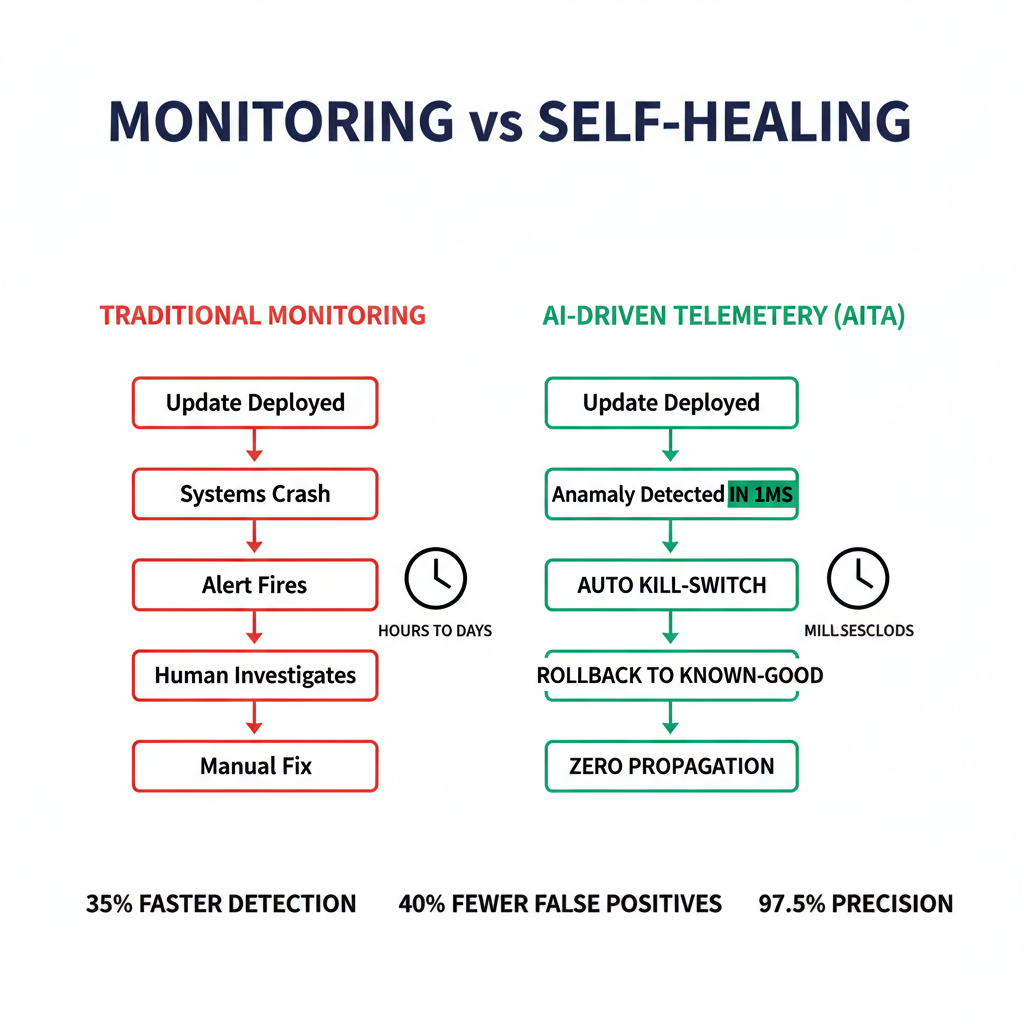 Architecture diagram comparing reactive monitoring vs self-healing AI-driven telemetry (AITA), showing how the system detects and isolates failures in milliseconds.