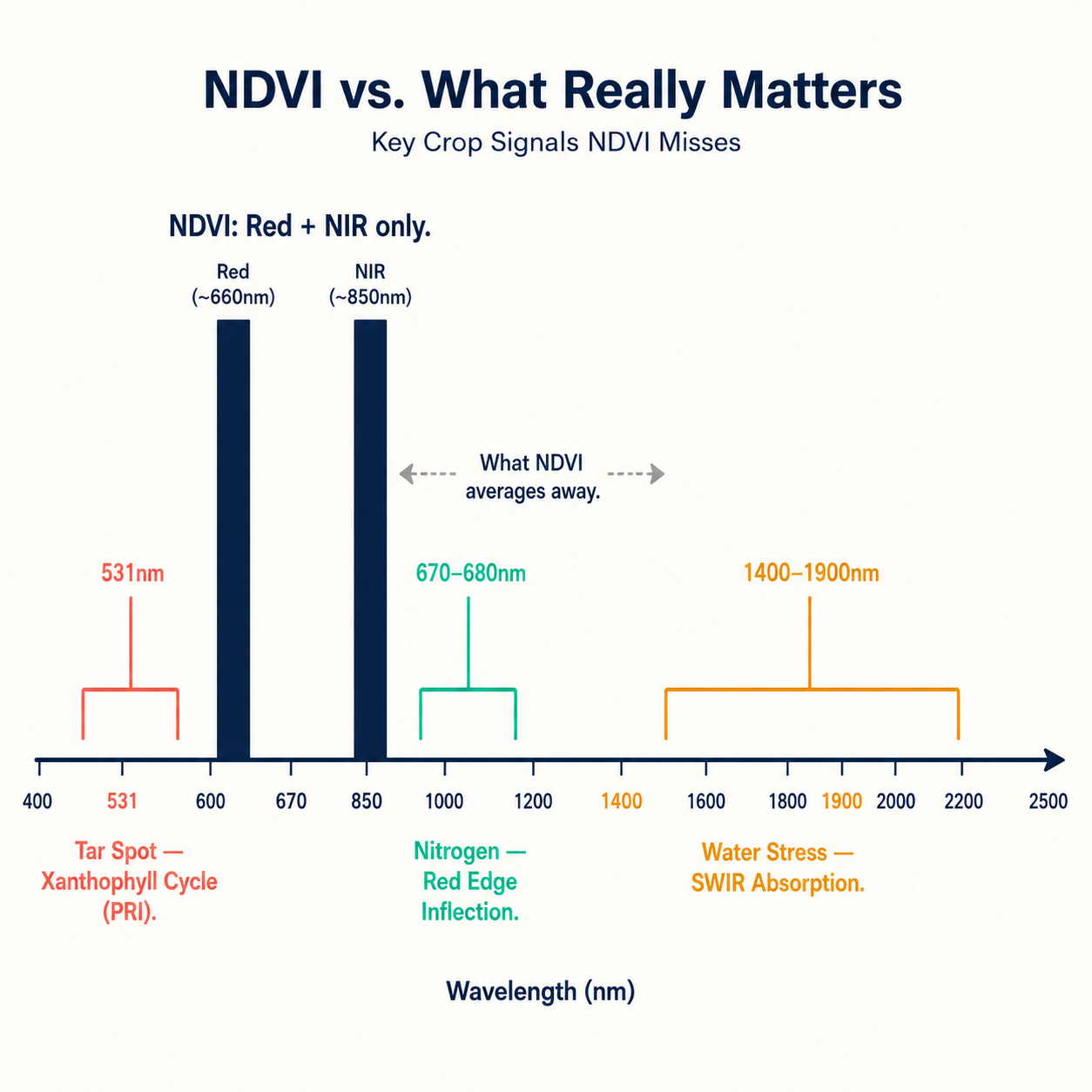 Spectral axis diagram showing NDVI's two bands versus the three diagnostic signal locations for nitrogen deficiency, water stress, and tar spot.