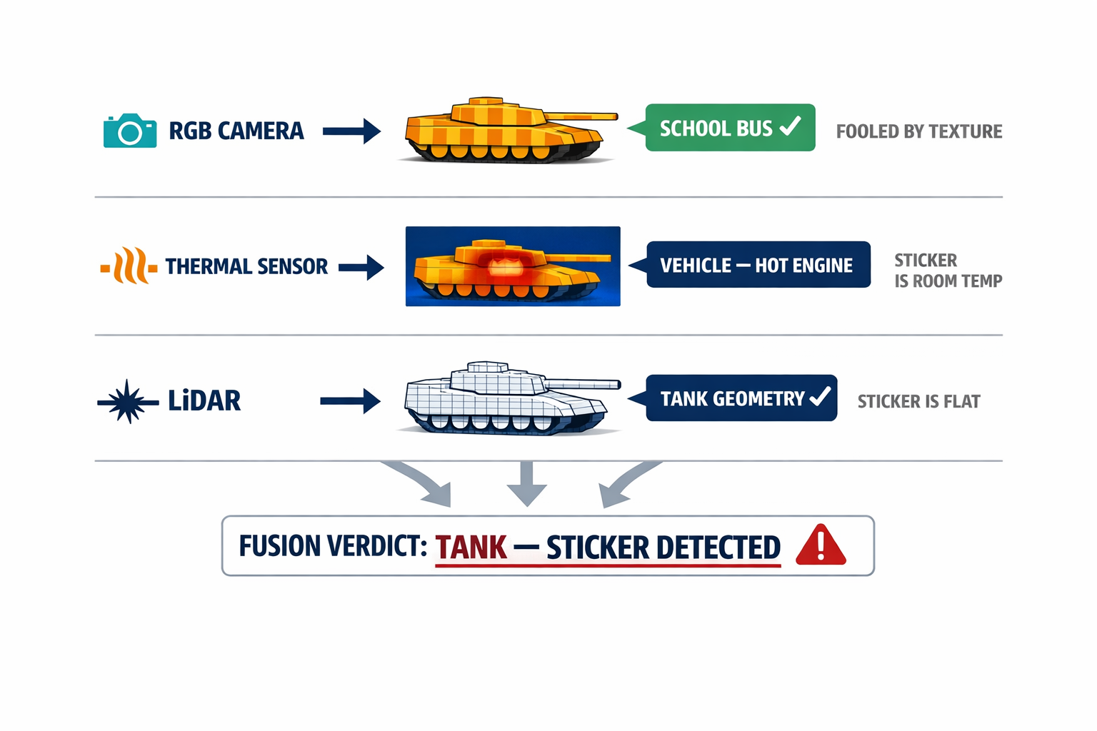 A diagram showing how three independent sensors (RGB camera, thermal, LiDAR) each perceive the same sticker-covered tank differently, revealing why multi-spectral fusion defeats adversarial patches.