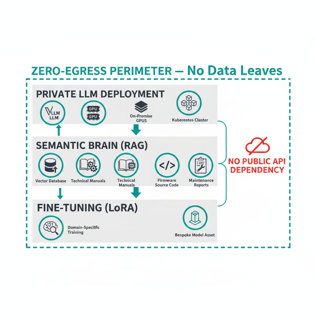Architecture diagram showing the sovereign Deep AI stack for utility infrastructure — private LLM deployment, RAG layer, and fine-tuning, all within a utility's controlled perimeter.