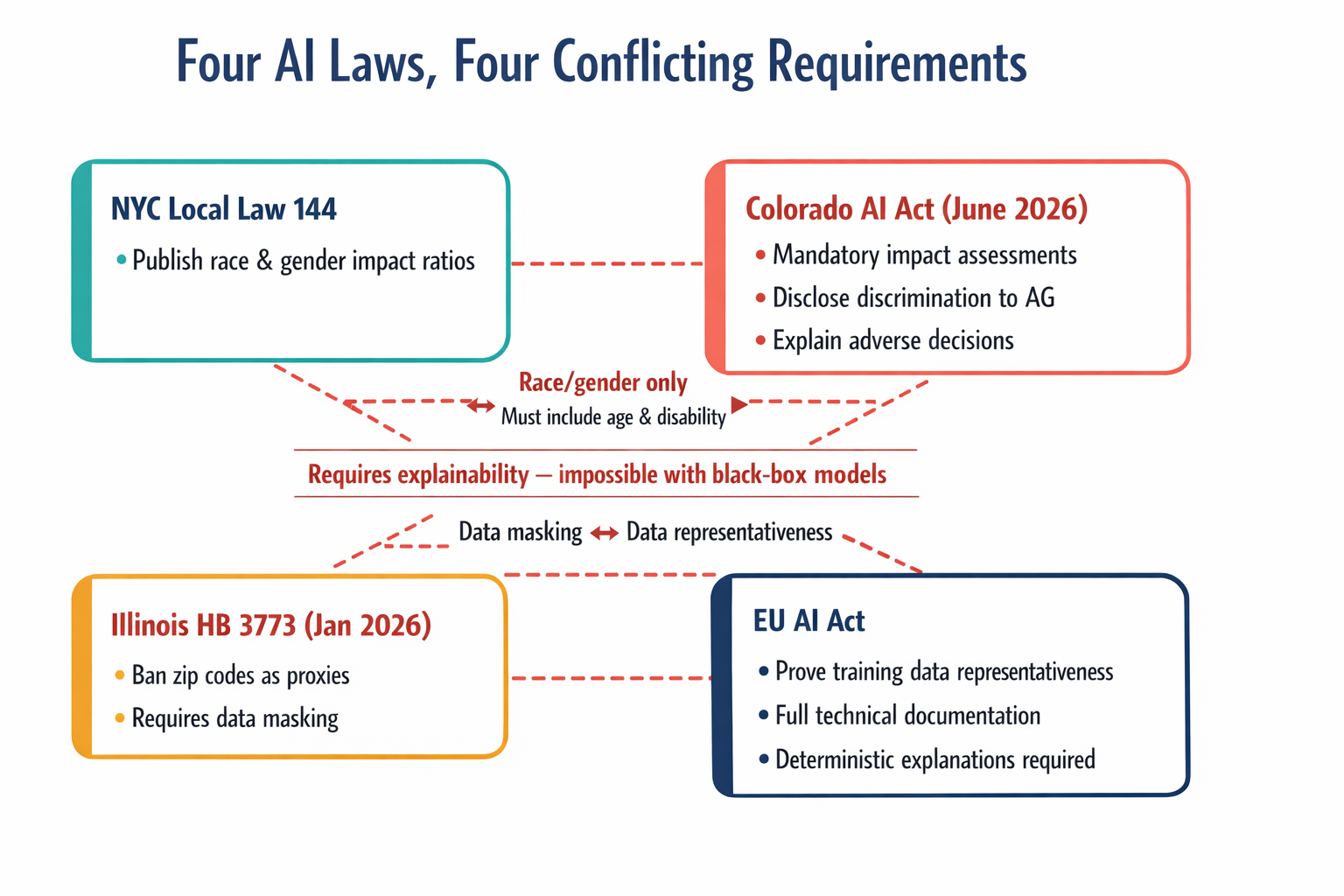 A diagram showing the four overlapping AI regulations and their specific conflicting requirements, illustrating why compliance with all four simultaneously is structurally difficult.
