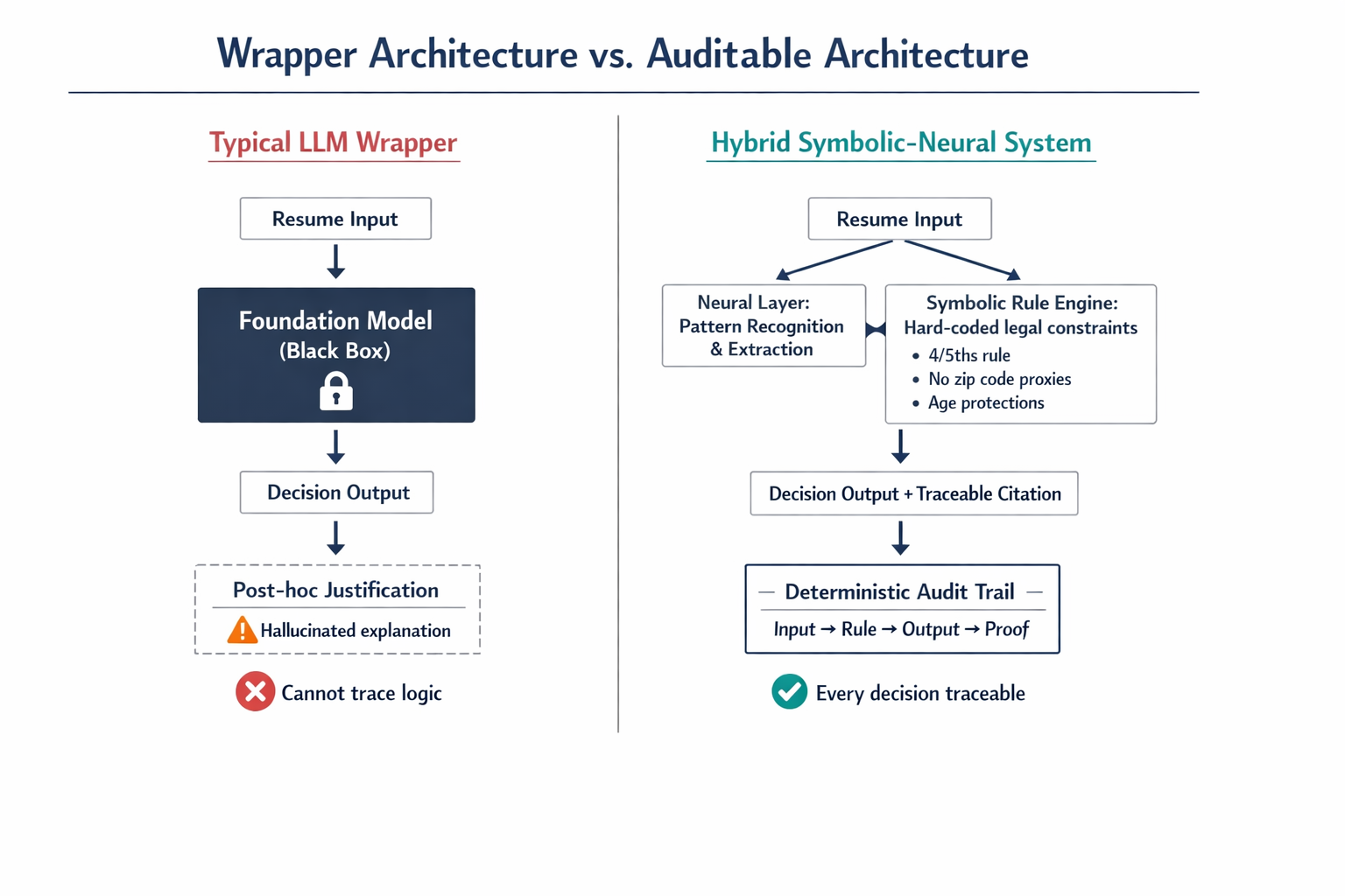 A side-by-side architecture comparison showing how a typical LLM wrapper produces untraceable decisions versus how a hybrid symbolic-neural system produces auditable decision chains.