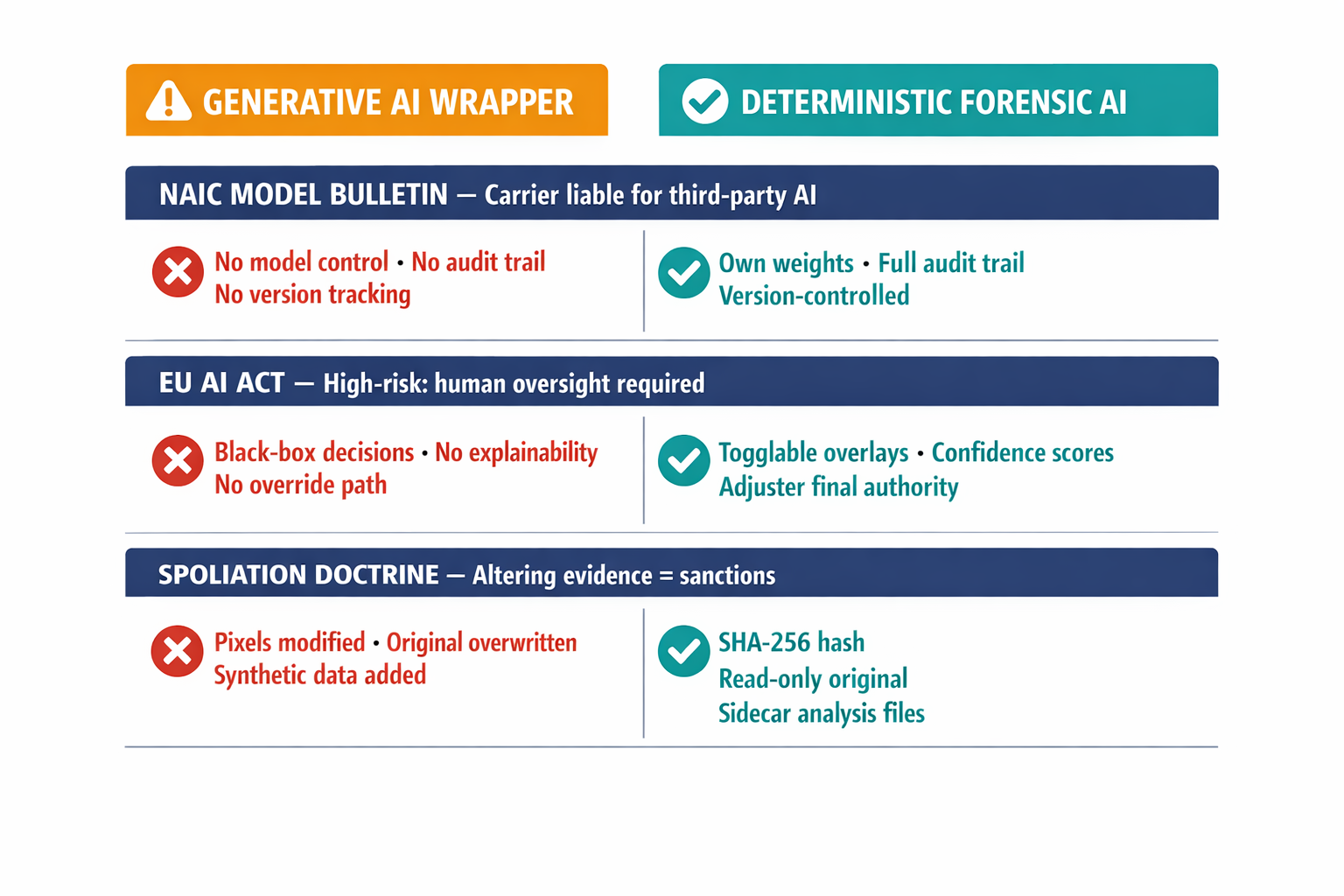 A comparison diagram showing the legal exposure of wrapper-based generative AI versus forensic deterministic AI, mapped against three key regulatory requirements (NAIC Model Bulletin, EU AI Act, spoliation doctrine).