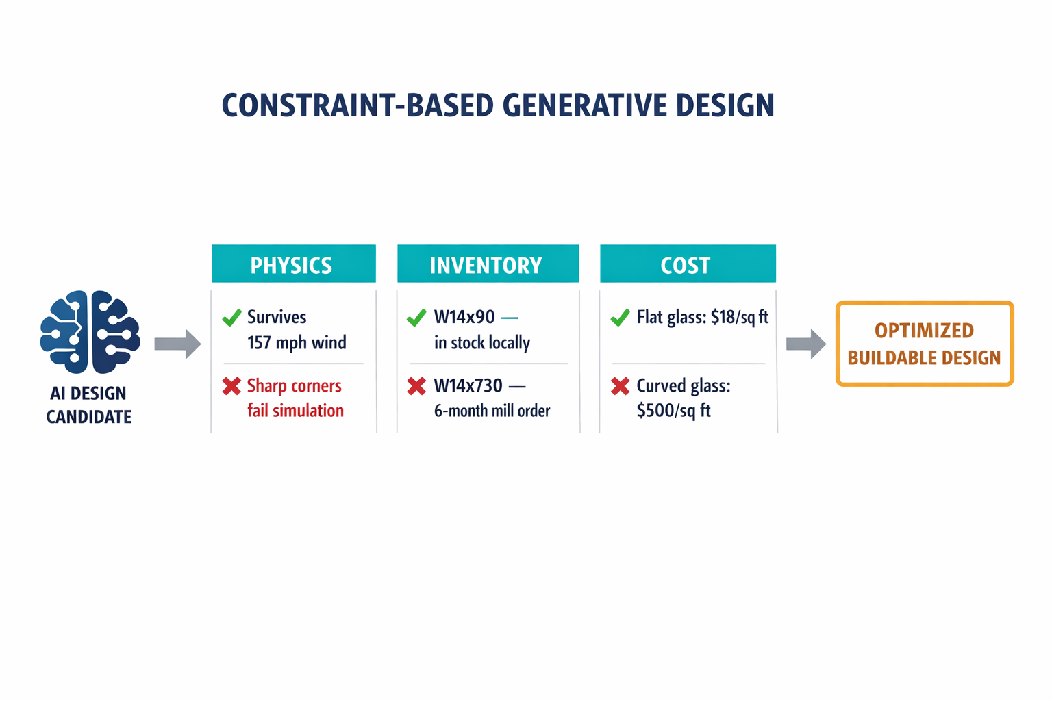 A diagram showing the three-pillar reward function of Constraint-Based Generative Design — Physics, Inventory, and Cost — with specific examples of what gets rewarded vs. penalized in each pillar.