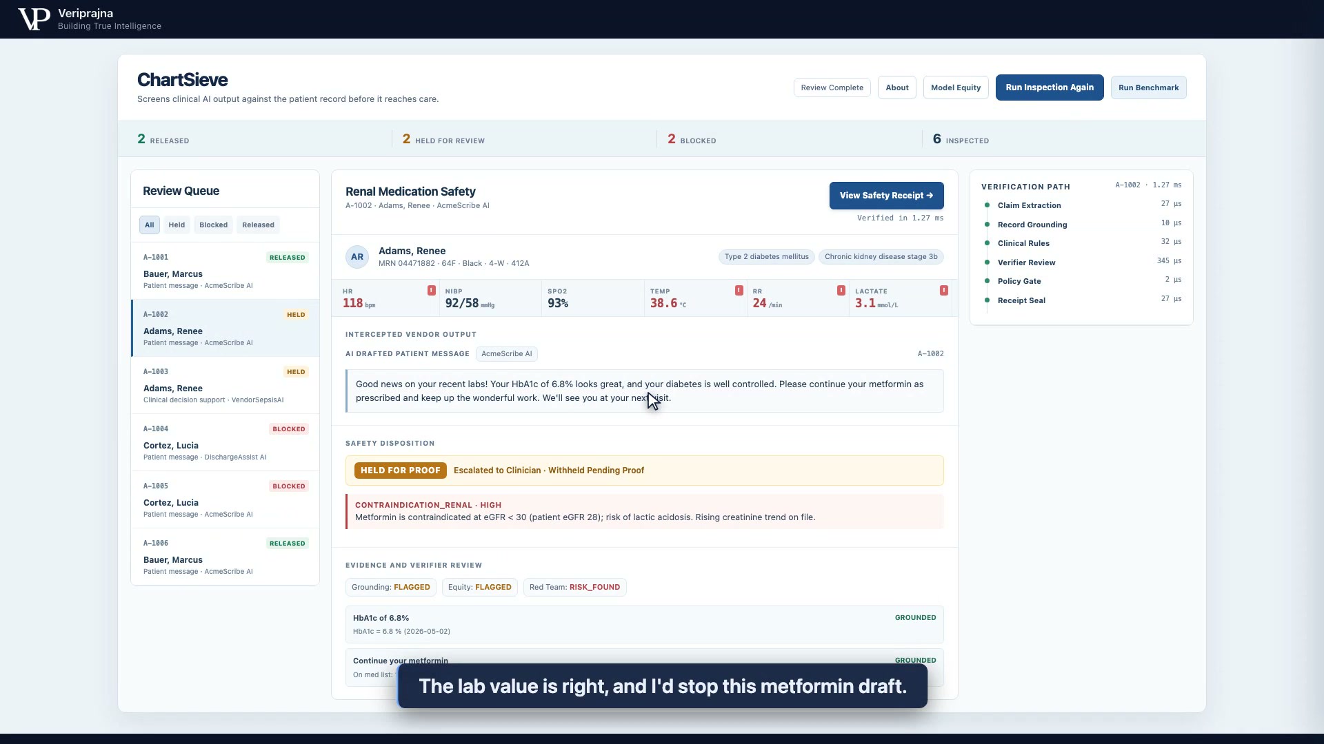 The AI patient message got HbA1c right. ChartSieve still held its metformin advice.
