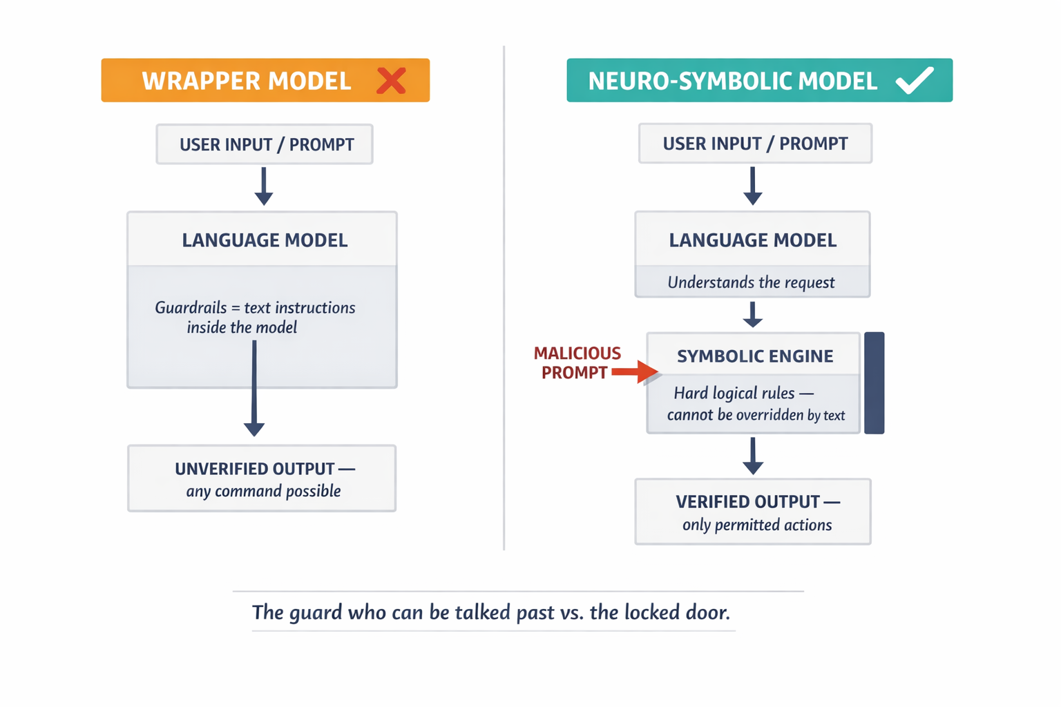 A side-by-side architectural comparison showing the wrapper model (linguistic guardrails only) versus the neuro-symbolic model (independent logical enforcement), illustrating why one can be overridden and the other cannot.