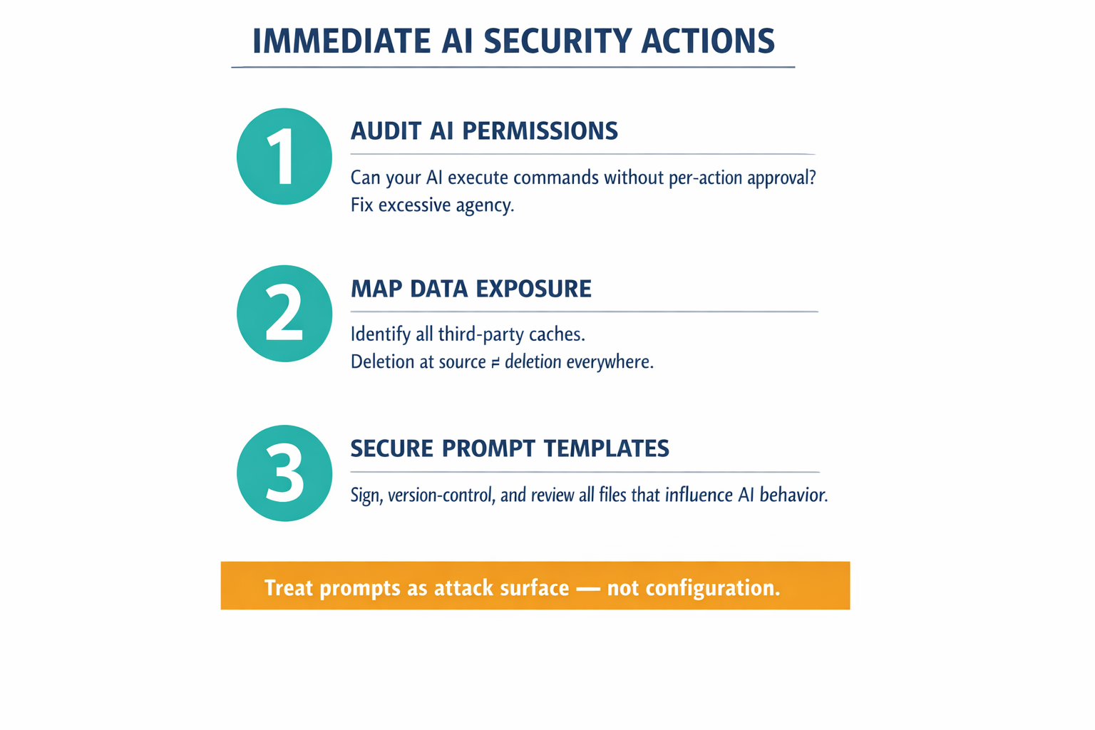A concise action checklist infographic summarizing the three immediate security steps organizations should take, with clear icons and labels.
