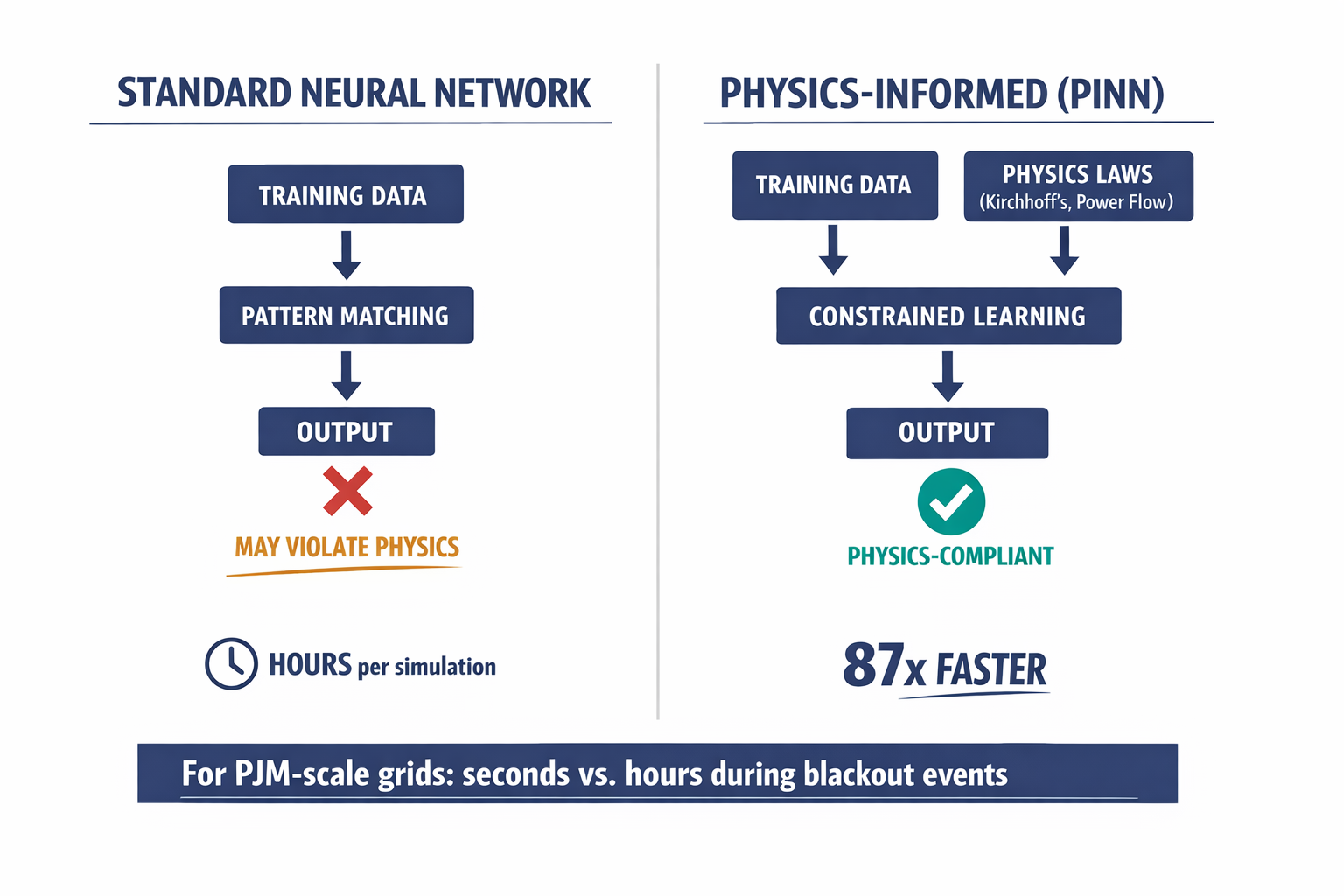 A comparison diagram showing how standard neural networks vs. Physics-Informed Neural Networks (PINNs) approach grid simulation, including the 87x speed advantage.