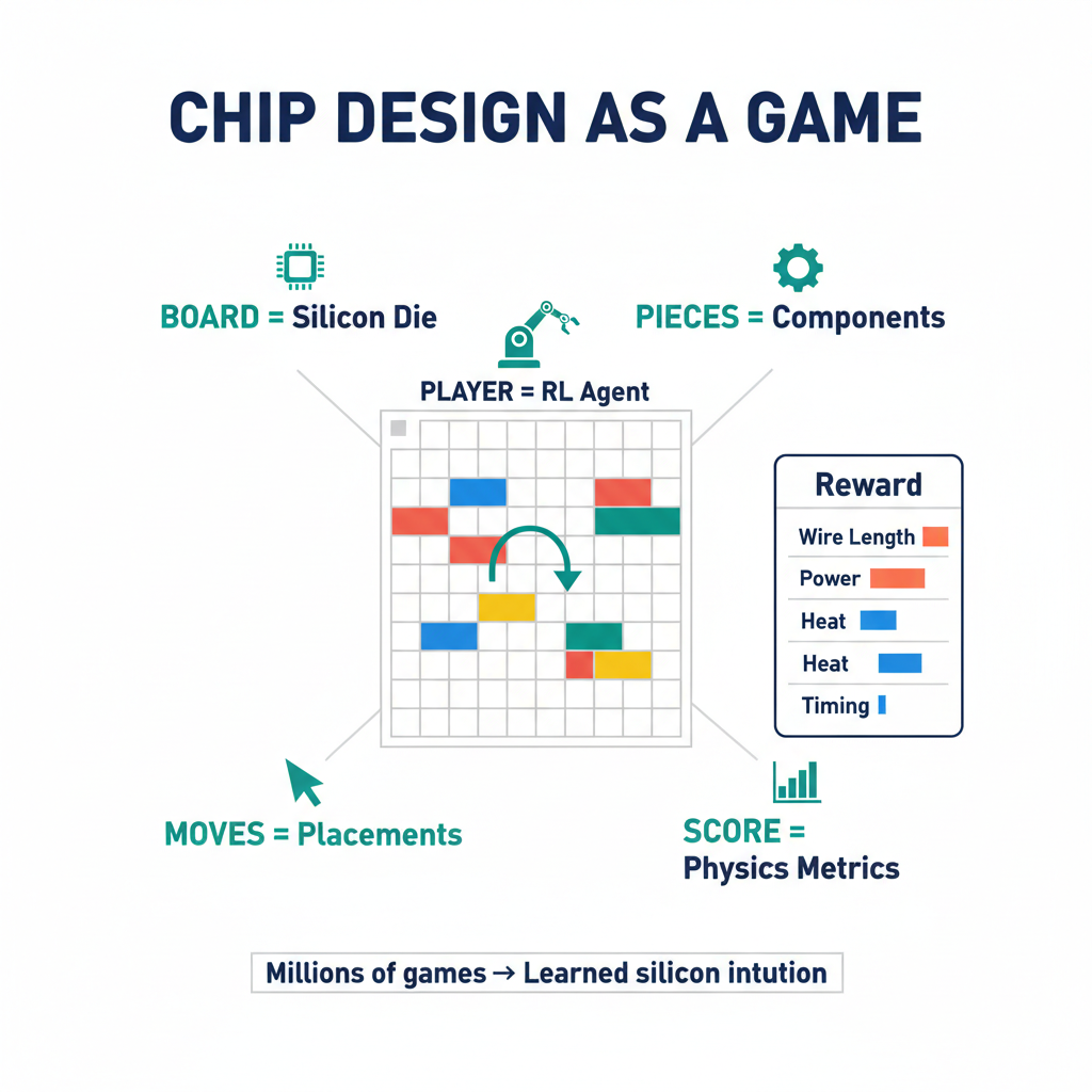Infographic showing chip design reframed as a reinforcement learning game, with the silicon die as a game board and placement decisions as moves.