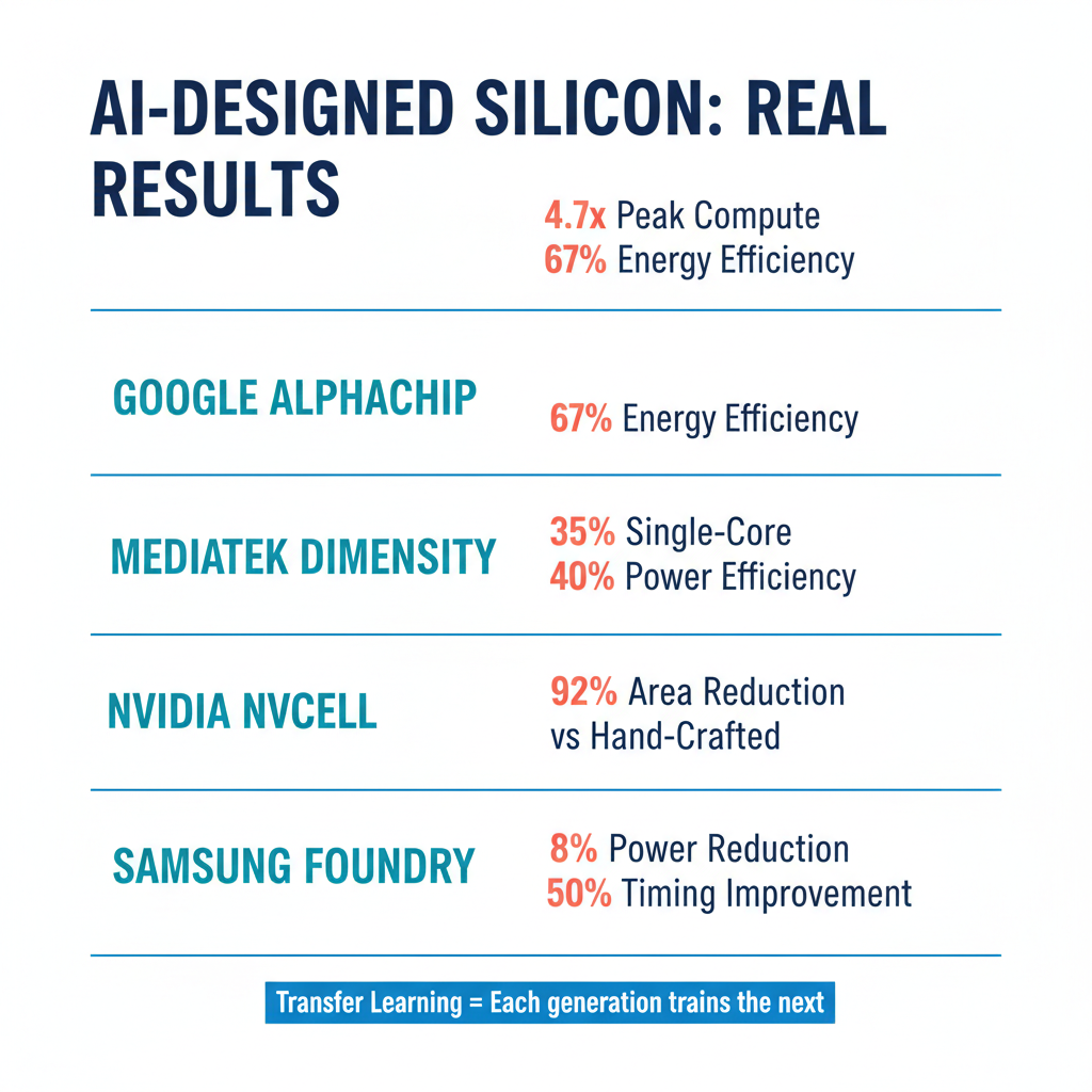 Comparison diagram showing results from Google AlphaChip, MediaTek, NVIDIA NVCell, and Samsung — concrete performance gains from AI-designed silicon.