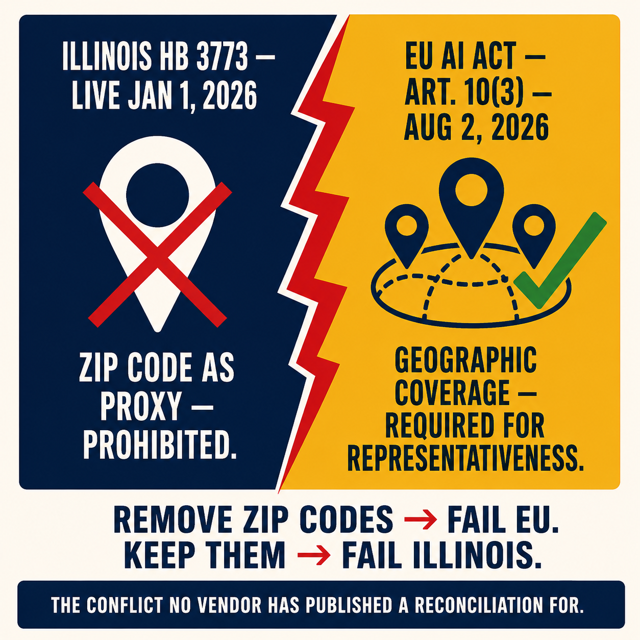 Split-panel conflict diagram: Illinois HB 3773 prohibits zip-code proxies vs EU AI Act Art. 10(3) requires geographic representativeness — same data point, opposite requirements