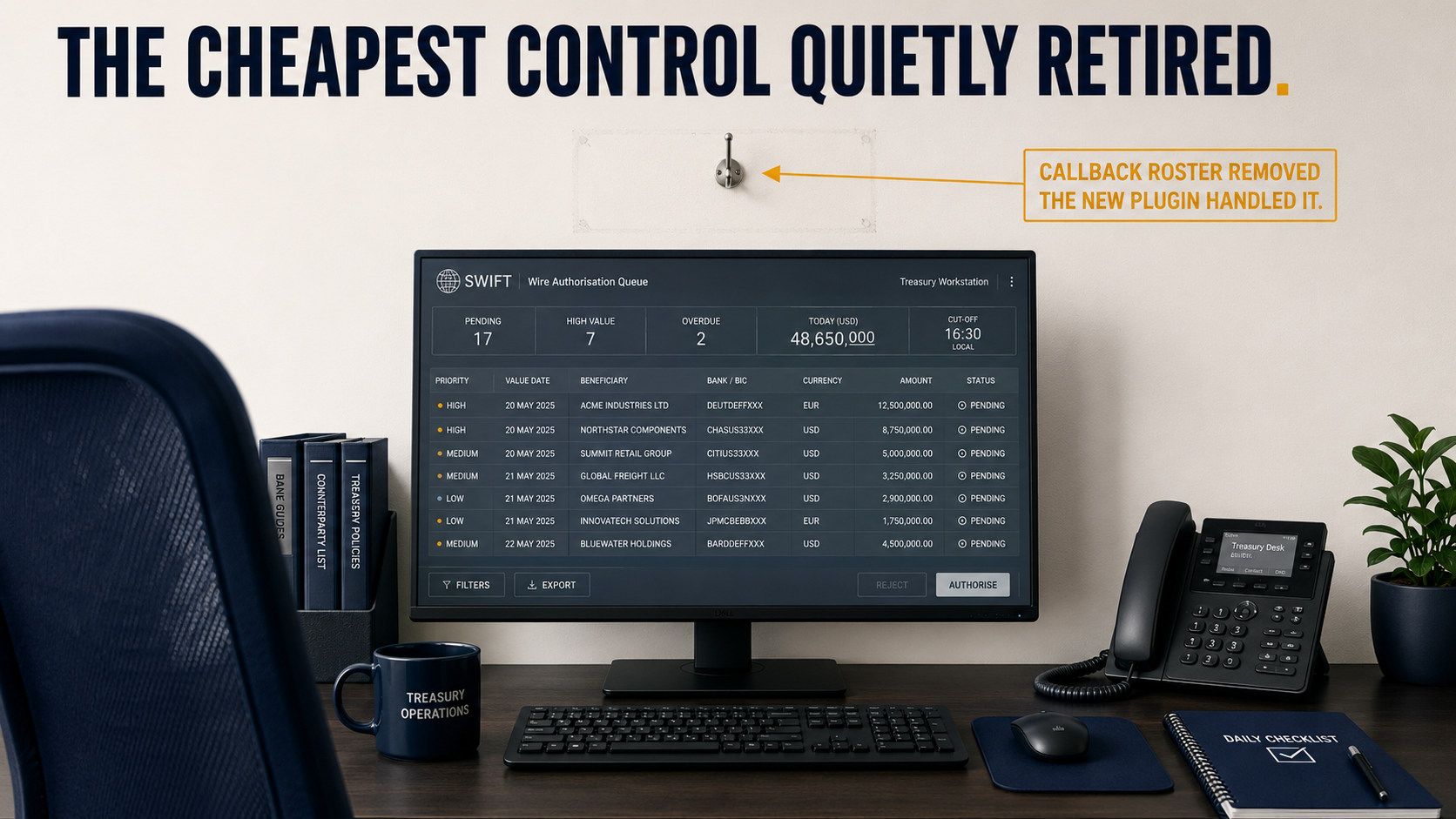 Treasury workstation with an empty hook on the wall where the callback roster used to hang, annotation reads the cheapest control quietly retired.
