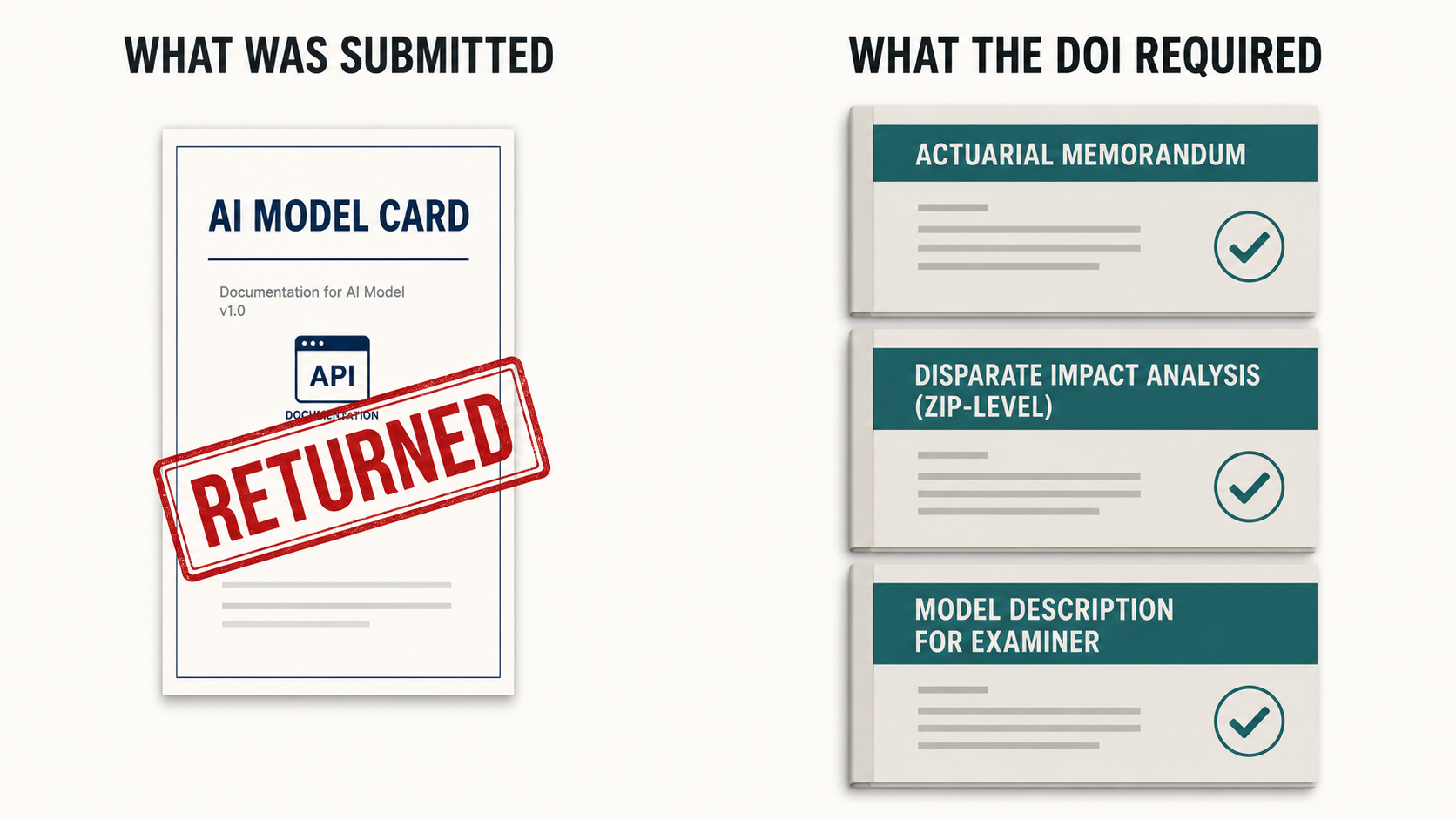 Two-panel diagram: single AI model card submitted to DOI with RETURNED stamp (left) versus three required documents — actuarial memorandum, disparate impact analysis, model description (right)