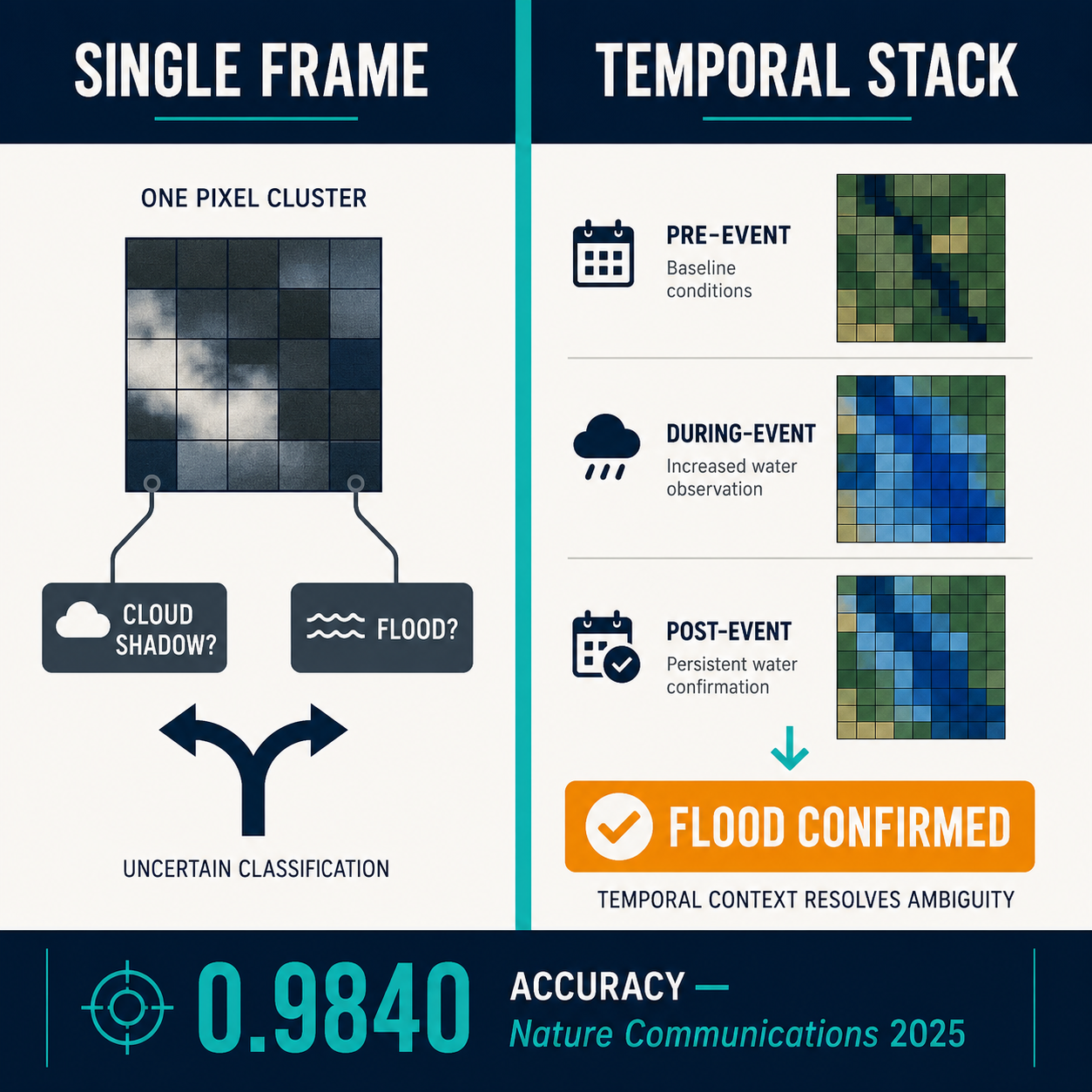 Split comparison: single SAR frame showing ambiguous Cloud shadow? / Flood? labels vs temporal stack of three passes resolving to Flood Confirmed