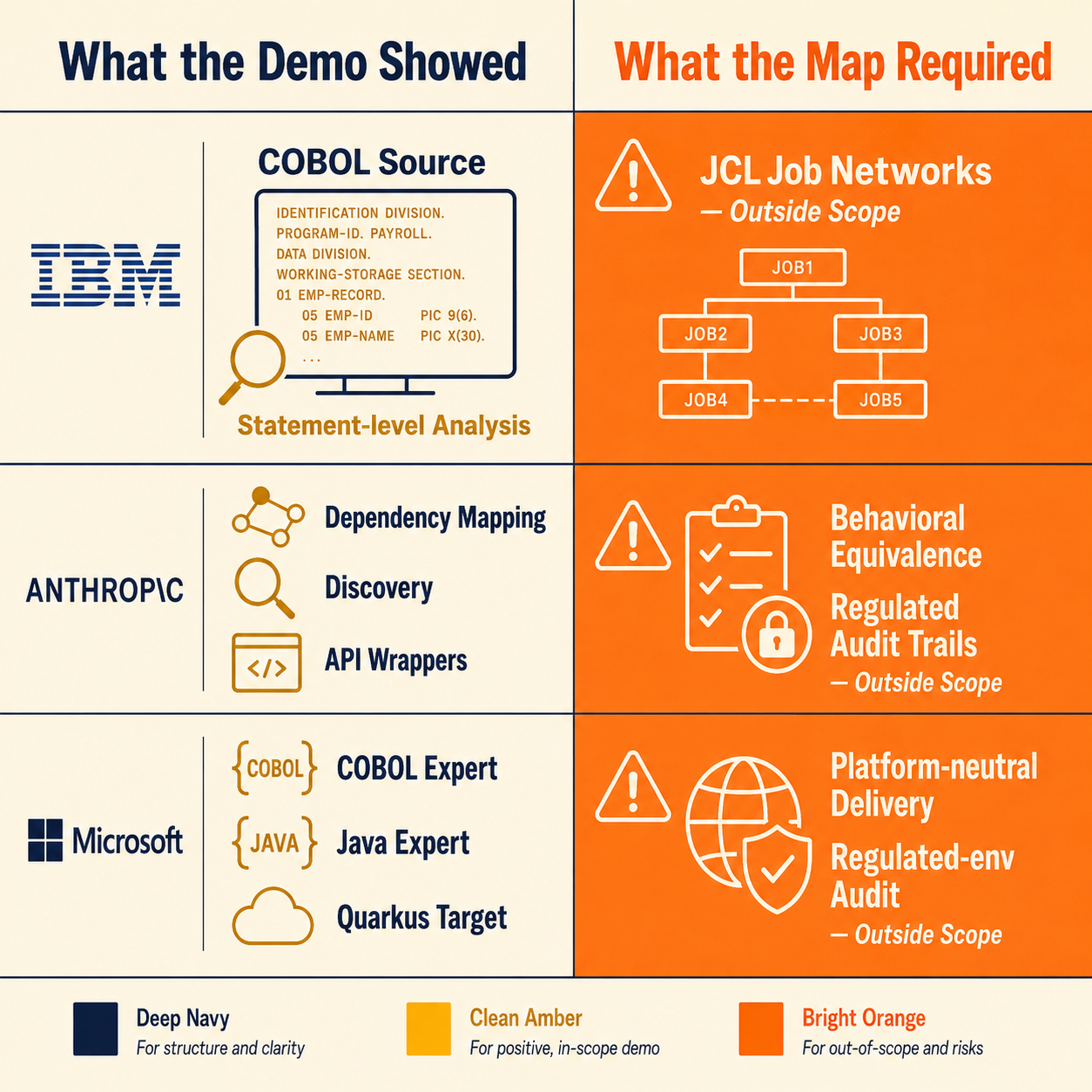 Comparison matrix: what IBM, Anthropic and Microsoft demos showed vs what full dependency mapping requires