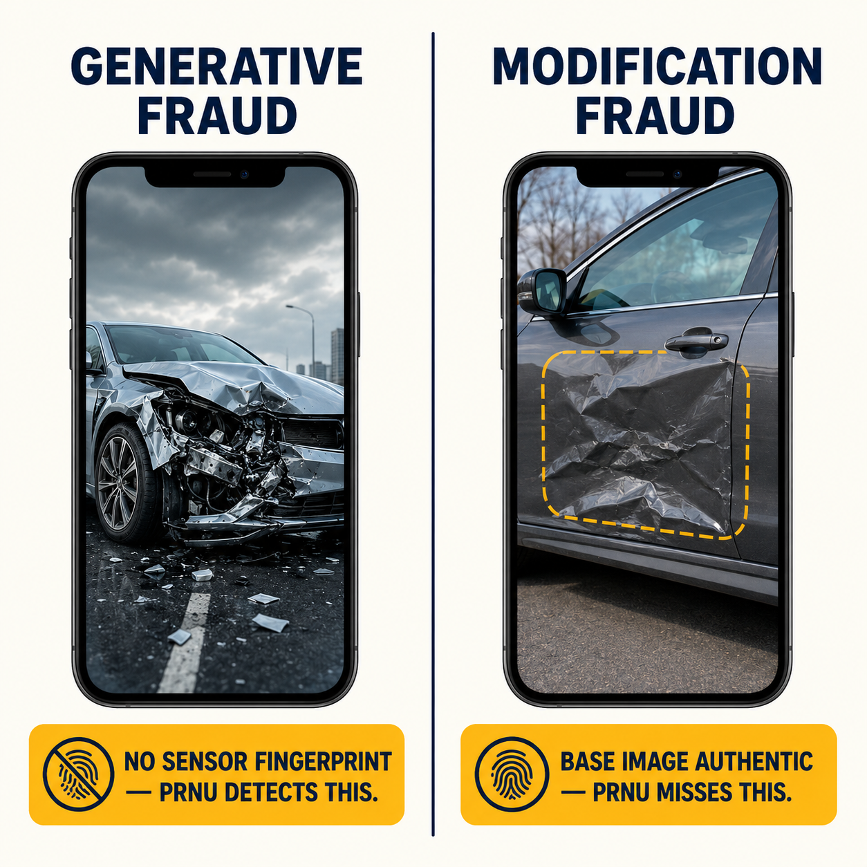 Two fraud vectors: generative (AI-created fake scene, PRNU detects) vs modification (real photo enhanced with more damage, PRNU misses)
