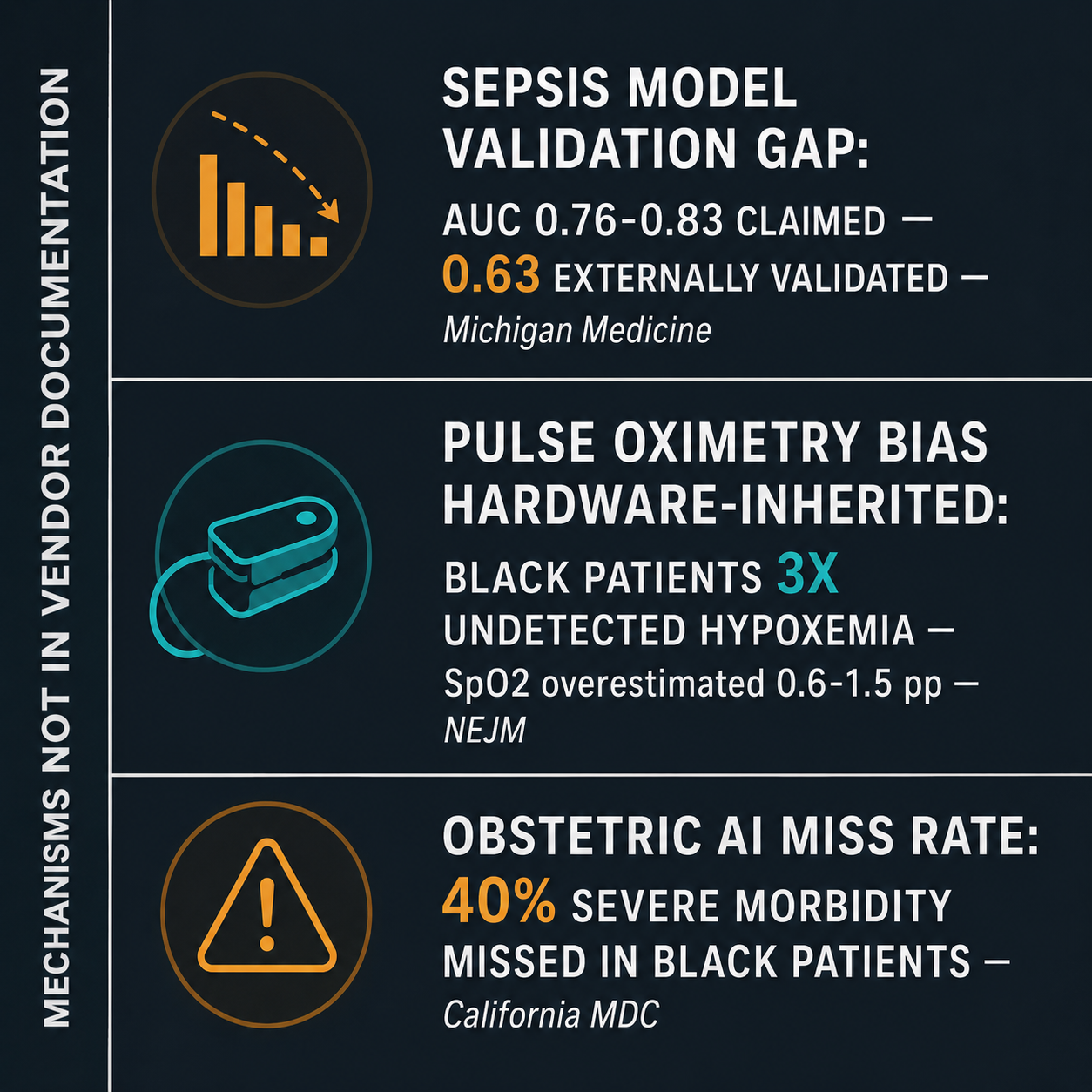 Three-segment infographic of clinical AI bias mechanisms: ESM validation gap, pulse oximetry inherited bias, obstetric AI miss rate