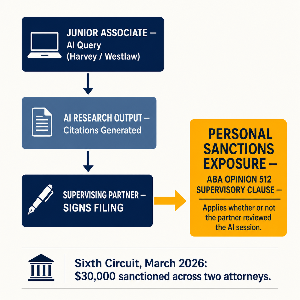 Cascade diagram: ABA Opinion 512 supervisory clause — AI query by a junior associate creates personal sanctions exposure for the signing partner.