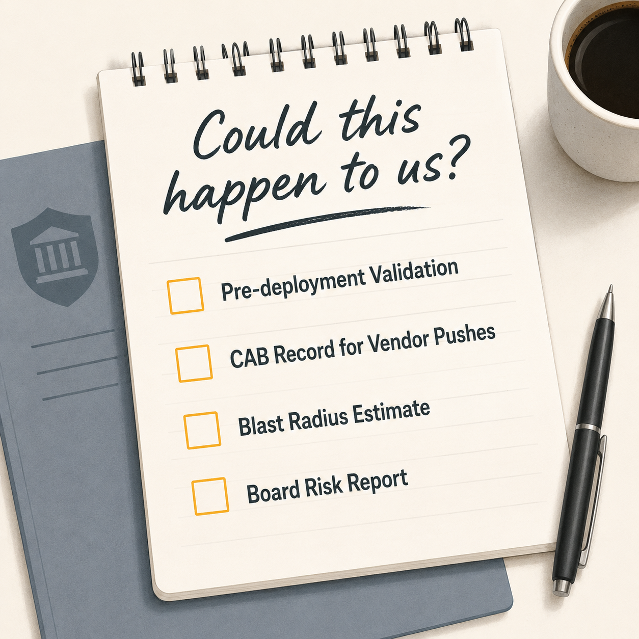 Notepad with 'Could this happen to us?' at top and a governance checklist — pre-deployment validation, CAB record for vendor pushes, blast radius estimate, board risk report — all checkboxes empty