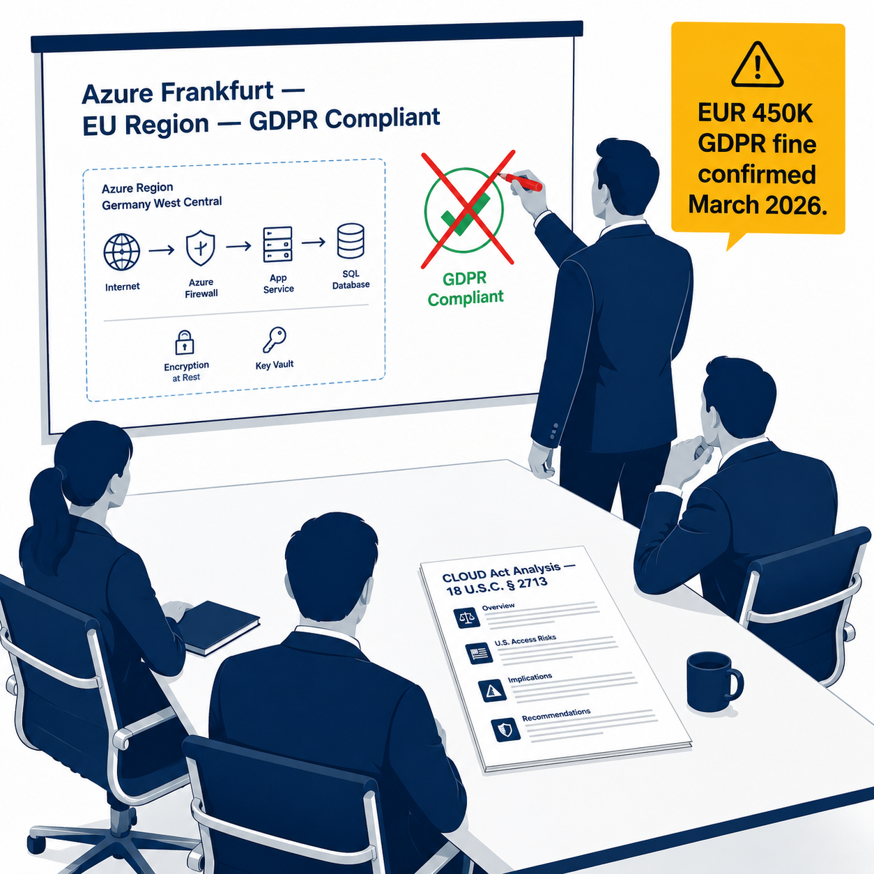 Editorial illustration of a meeting room where a compliance team draws a red X through Azure Frankfurt = GDPR compliant architecture slide