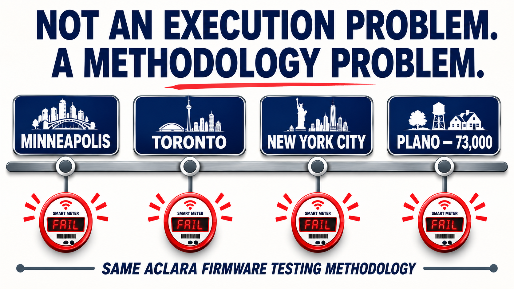 Timeline of repeating Aclara failures across Minneapolis, Toronto, New York City, and Plano — same testing methodology, same failure signature.