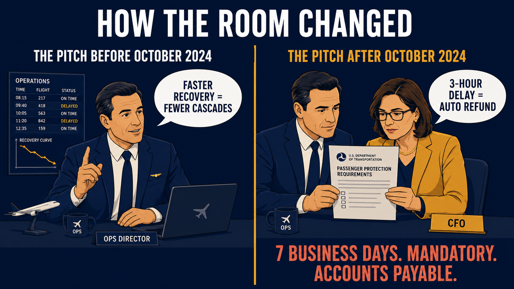 Before/after: ops director pitch before DOT rule (faster recovery argument) vs. after DOT rule (CFO in the room, automatic refund trigger)