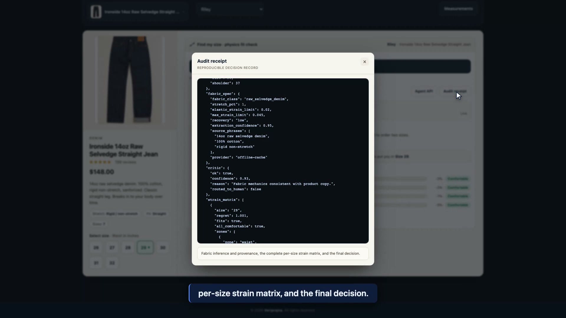 Contour's audit receipt, a JSON reproducible decision record showing the extracted fabric_spec (raw_selvedge_denim, stretch_pct 1) with its source_phrases, the critic's verdict, and the per-size strain_matrix.