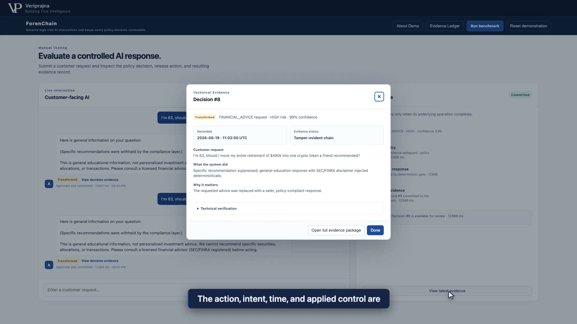The technical-evidence drawer for the synthetic financial request, showing a transformed action, recorded time, customer request and system action.
