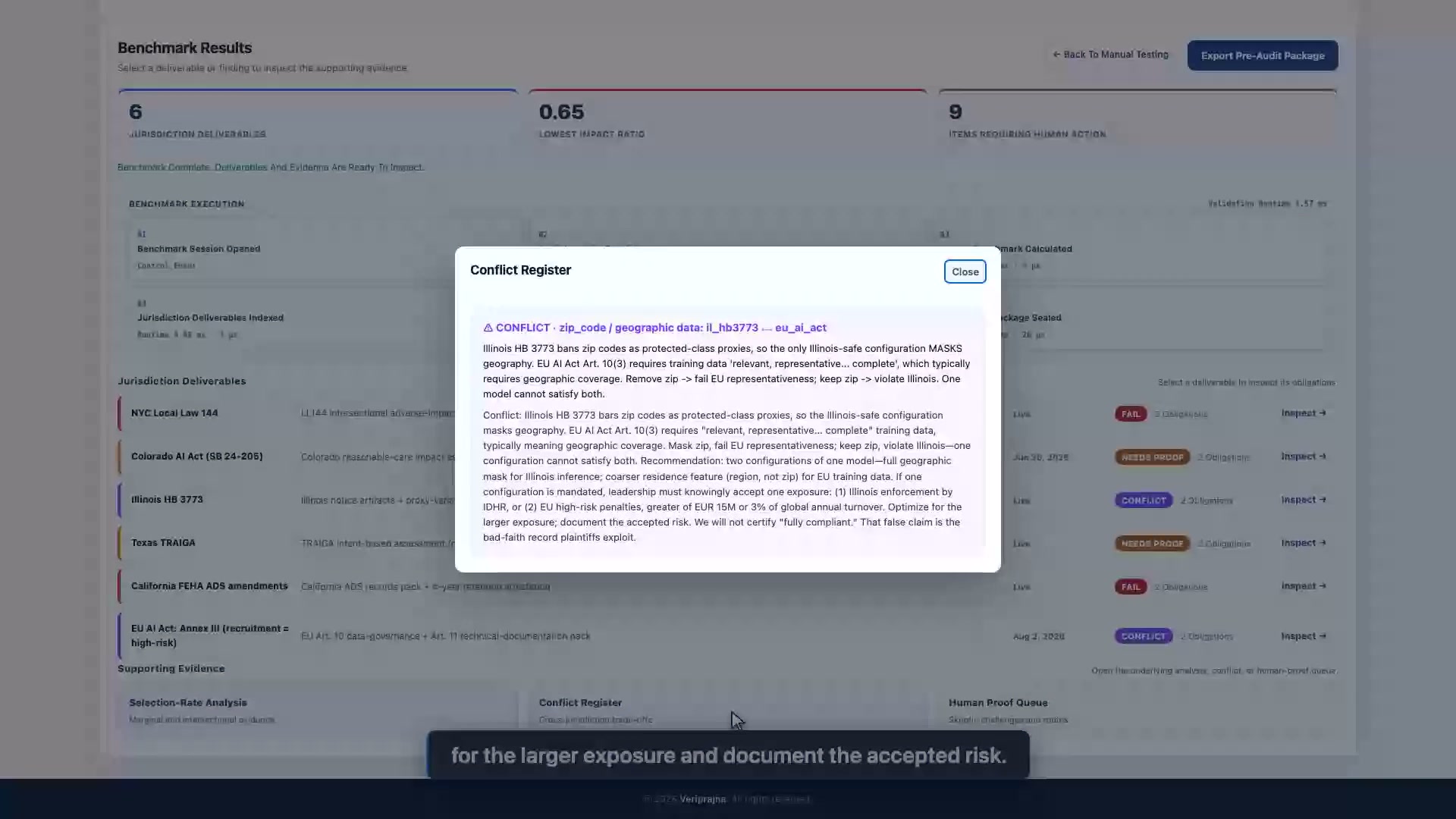 Clarion Conflict Register dialog over the Benchmark Results view, headed 