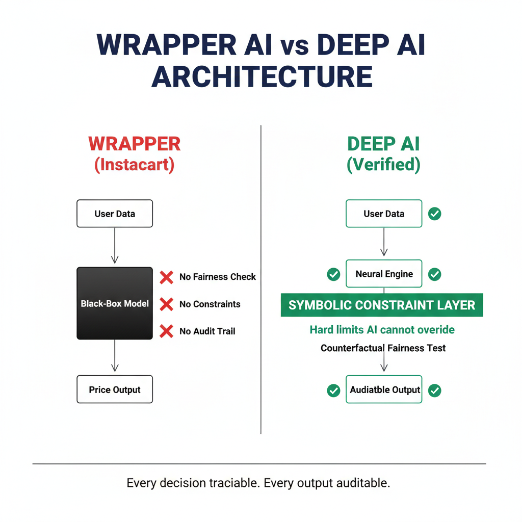 Architecture comparison between the wrapper/black-box approach that caused Instacart's failure and a deterministic Deep AI architecture with symbolic constraints and fairness testing.
