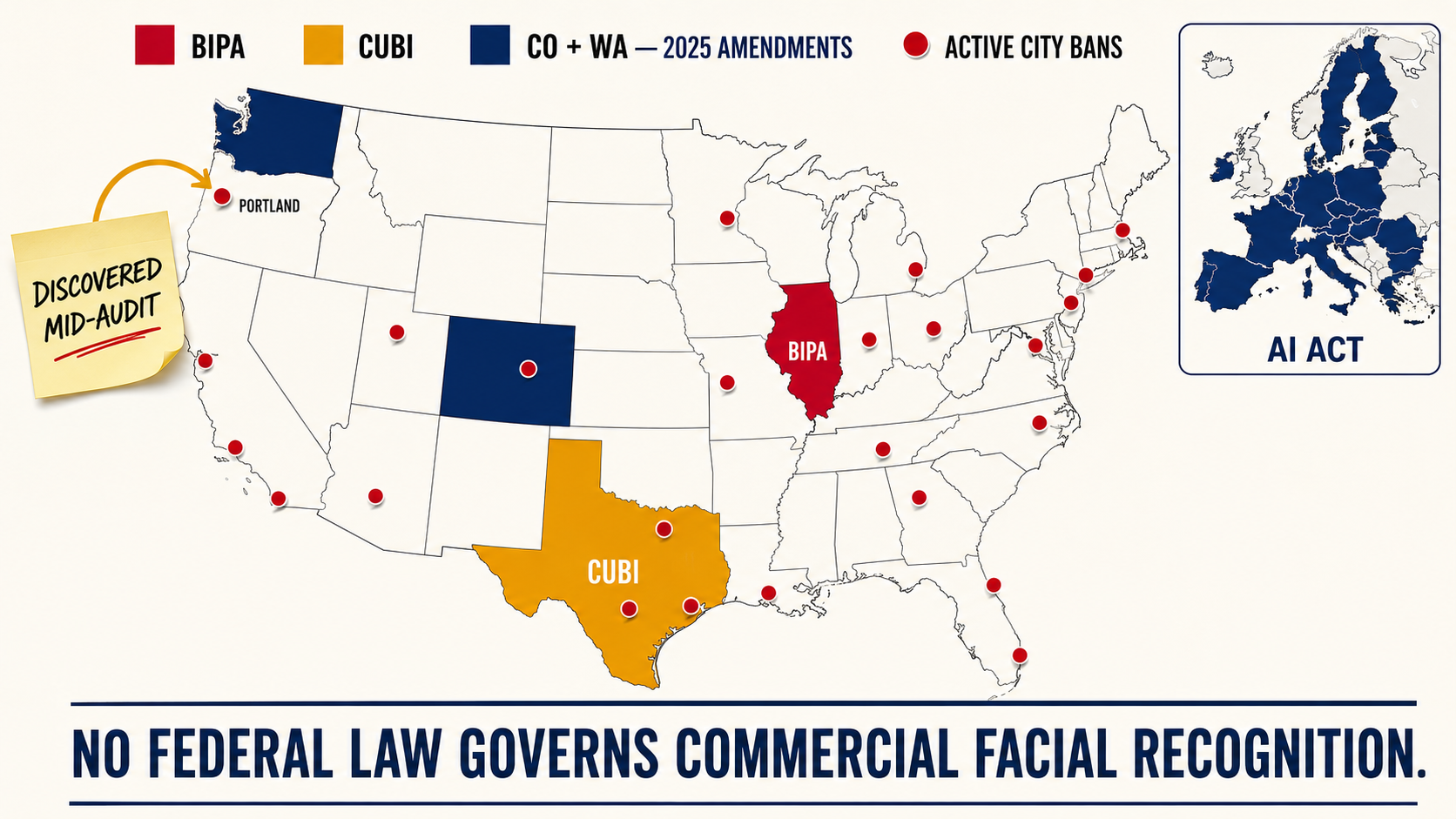 Jurisdictional map showing BIPA, CUBI, state amendments, city bans, and EU AI Act with Portland annotated as discovered mid-audit and no federal law label