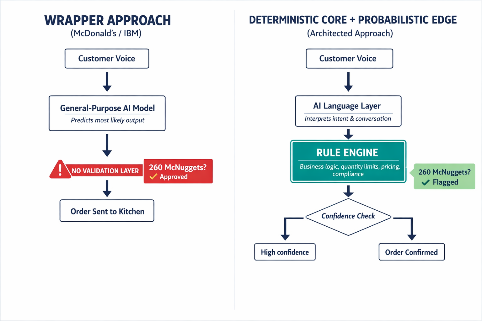 A side-by-side architectural diagram comparing the McDonald's/IBM wrapper approach (where the AI model makes all decisions) versus the Deterministic Core, Probabilistic Edge approach (where AI handles language but a rule engine enforces business logic).